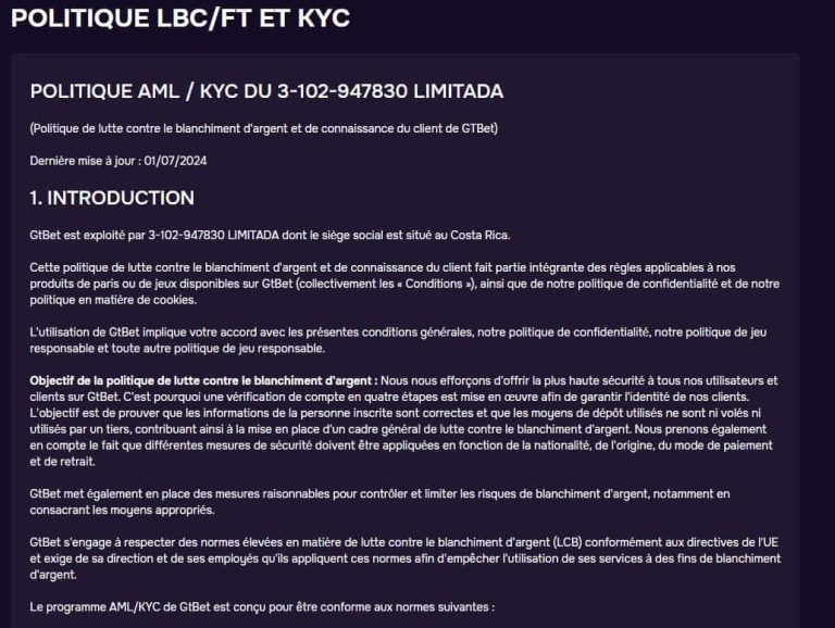 GTBet Casino politique